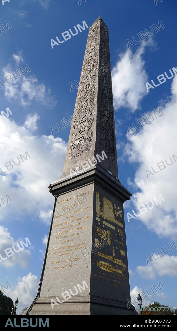 At the center of the Place de la Concorde, Paris is a giant Egyptian obelisk decorated with hieroglyphics exalting the reign of the pharaoh Ramses II. It is one of two the Egyptian government gave to the French in the 19th century. The obelisk once marked the entrance to the Luxor Temple. The self-declared Khedive of Egypt, Muhammad Ali Pasha, offered the 3,300-year-old Luxor Obelisk to France in 1829. It arrived in Paris on 21 December 1833. Three years later, on 25 October 1836, King Louis Philippe had it placed in the center of Place de la Concorde.