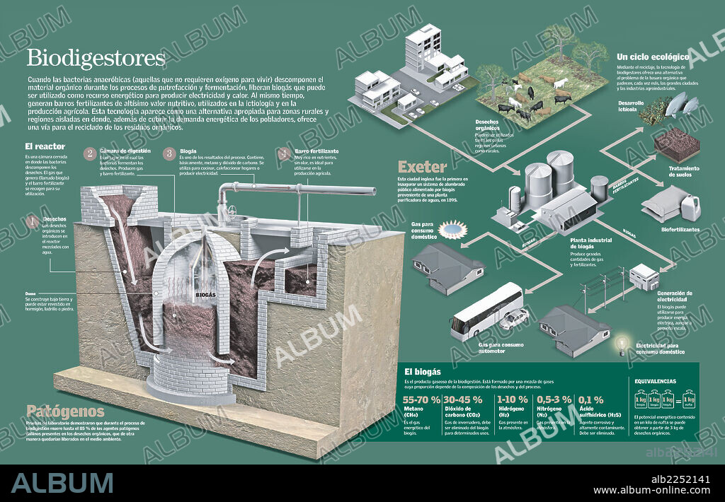 biodigestores. Infografía del proceso de producción de electricidad a partir de desechos urbanos y rurales.
