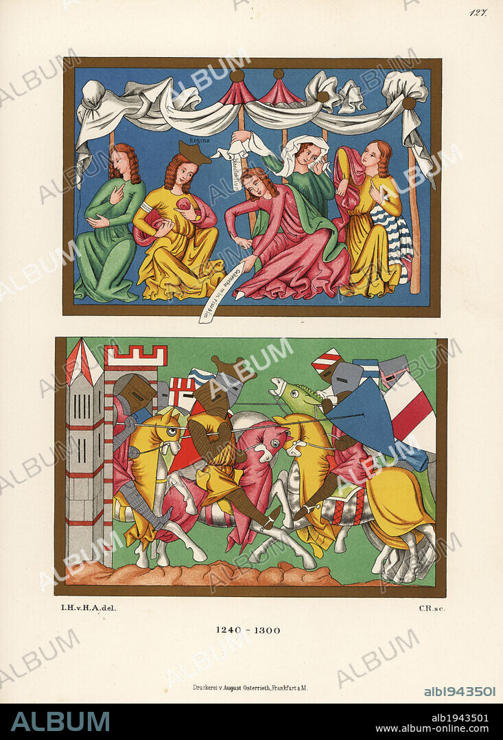 Costumes of the 13th century. King and ladies sending knights off to battle, and king and his knights in combat with lance and shield. From miniatures on a parchment manuscript of Tristan in the Bavarian State Library. Chromolithograph from Hefner-Alteneck's Costumes, Artworks and Appliances from the Middle Ages to the 17th Century, Frankfurt, 1889. Illustration by Dr. Jakob Heinrich von Hefner-Alteneck, lithographed by C.R. Dr. Hefner-Alteneck (1811 - 1903) was a German museum curator, archaeologist, art historian, illustrator and etcher.