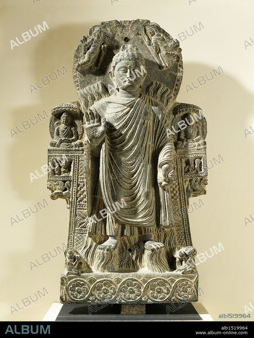 Afghanistan, Paitava, Relief depicting Buddha known as the Buddha of the Great Miracle, Schist  3rd-4th century A.D., France, Paris, Musee National des Arts Asiatiques Guimet (oriental art Museum), Afghan art.
