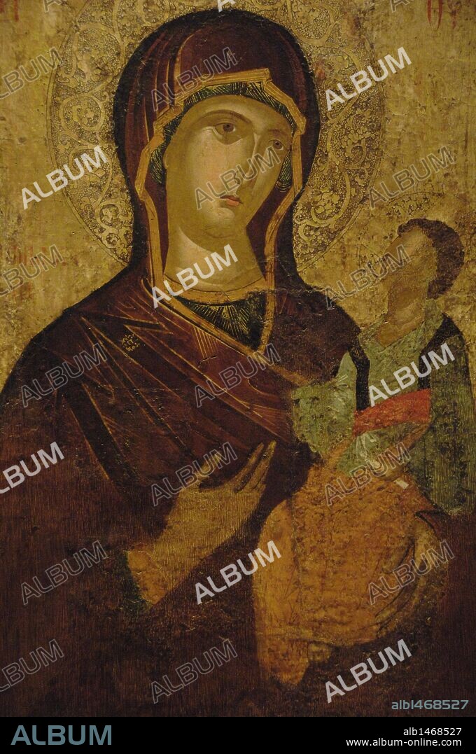 ARTE BIZANTINO. GRECIA. ICONO de doble cara con escena de la crucifixión en la parte frontal y la VIRGEN HODEGETRIA o CONDUCTORA DE CRISTO en la trasera (siglo XVI). Museo Bizantino. Atenas.