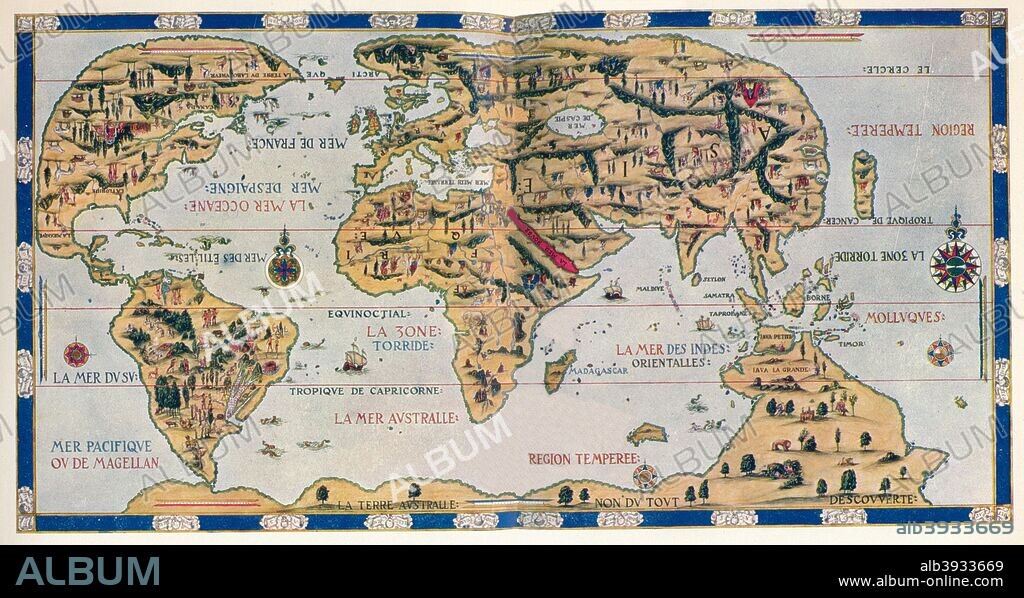 The Dauphin Map of the World, 1546. After Pierre Desceliers, (c1500-1558) 'Planisphere' which is sometimes refered to as the 'Dauphin Map'. The map was created for King Henri II of France (1519-1559). Taken from 'A Book of Discovery', published by T. C. & E. C. Jack Ltd. 1912.
