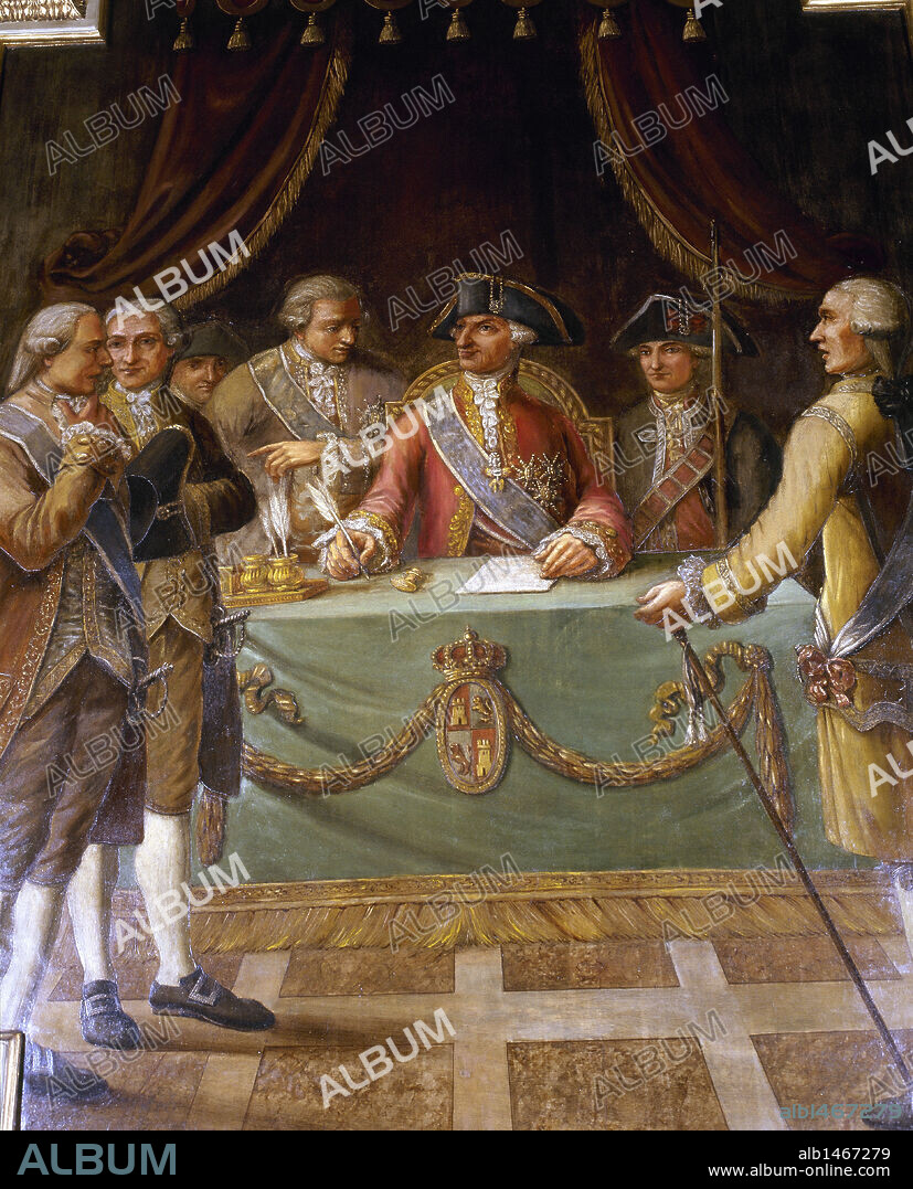 Charles III (1716-1788). King of Spain. Charles III lowers the tax of foreigners to promote the Spanish trade with the Indies. Painting by Pere Pau Muntanya. Barcelona. Spain.