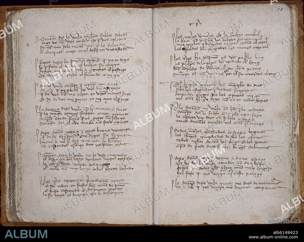 JUAN RUIZ-EL ARCIPRESTE DE HITA (1283-1350). LIBRO DEL BUEN AMOR - F 27V Y 28 - MANUSCRITO SIGLO XIV.