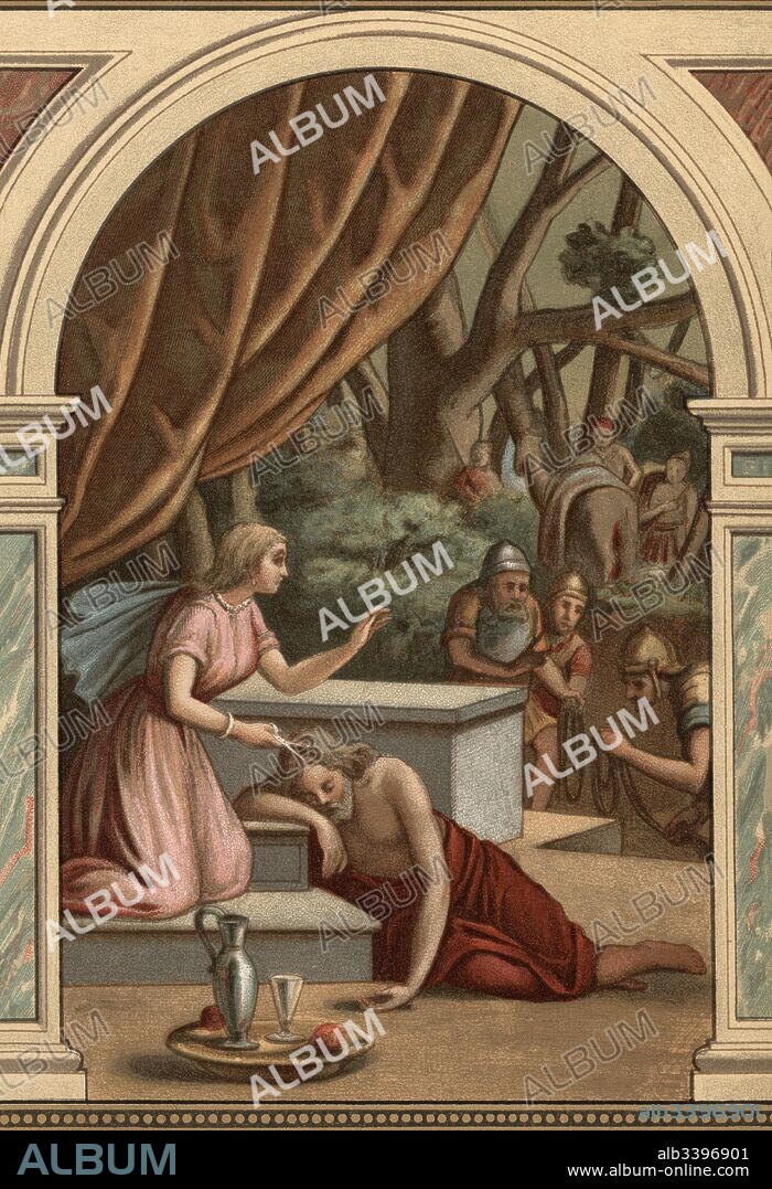 Historia Sagrada. Antiguo Testamento. Dalila cortando el cabello a Sansón para debilitar su fuerza descomunal.