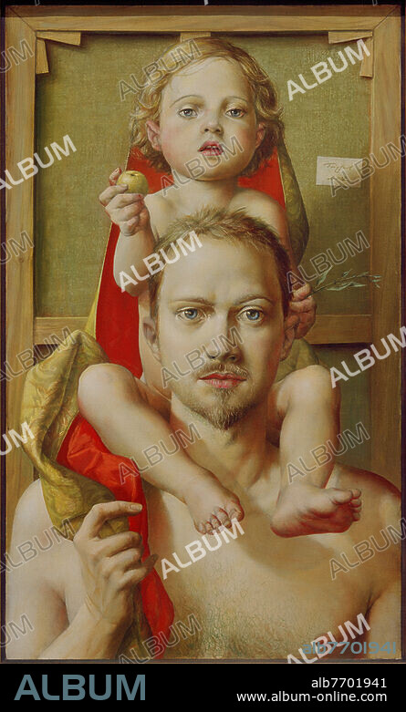 Michael Triegel; German painter, draftsman and graphic artist. Born 13.12.1968 in Erfurt. "Even with Elisabeth", 2002. (The artist with his daughter). Acrylic, oil on wood, 75 × 45 cm. Private collection.