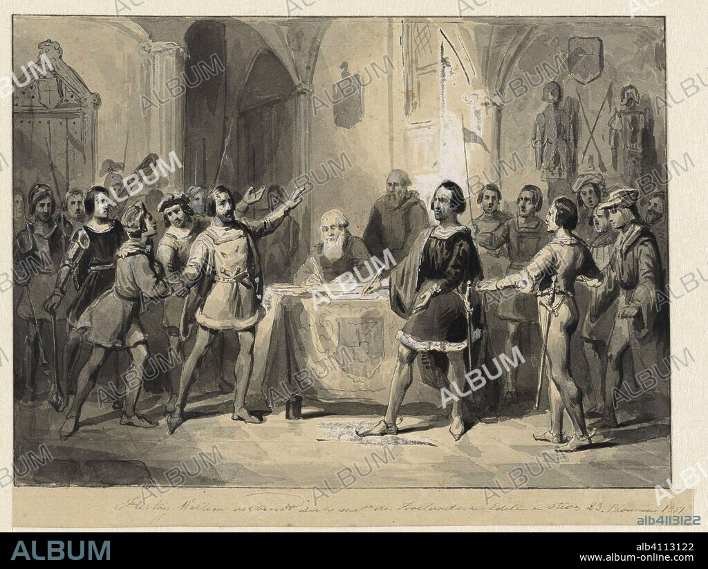 Duke William commits himself to the Dutch nobles and cities. Draughtsman: Johann Wilhelm Kaiser (I). Dating: 1843. Measurements: h 135 mm × w 174 mm.