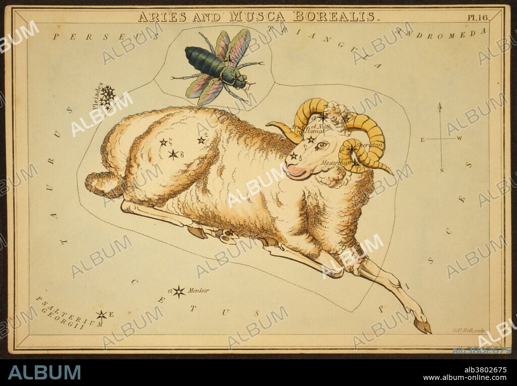 Astronomical chart showing a ram and a fly forming the constellations. Aries is one of the constellations of the zodiac. It is located in the Northern Hemisphere between Pisces to the west and Taurus to the east. The name Aries is Latin for ram. It is one of the 48 constellations described by the 2nd century astronomer Ptolemy, and remains one of the 88 modern constellations defined by the International Astronomical Union. Aries is the first astrological sign in the Zodiac, spanning the first 30 degrees of celestial longitude, which area the Sun transits, on average, between March 21 to April 20 each year. Musca Borealis (Latin for northern fly) was a constellation located between the constellations of Aries and Perseus. It was first described as Musca by Hevelius in his catalogue of 1690. Subsequent astronomers renamed it into Musca Borealis, to distinguish it from the southern fly, Musca Australis. It is no longer in use. The stars it contained are now included in Aries. Urania's Mirror is a boxed set of 32 constellation cards first published by Samuel Leigh of the Strand, London, in or shortly before 1825. An unidentified lady, referred to by her nom-de-plume, Jehoshaphat Aspin, designed these whimsical astronomy cards. The engraver was Sidney Hall.
