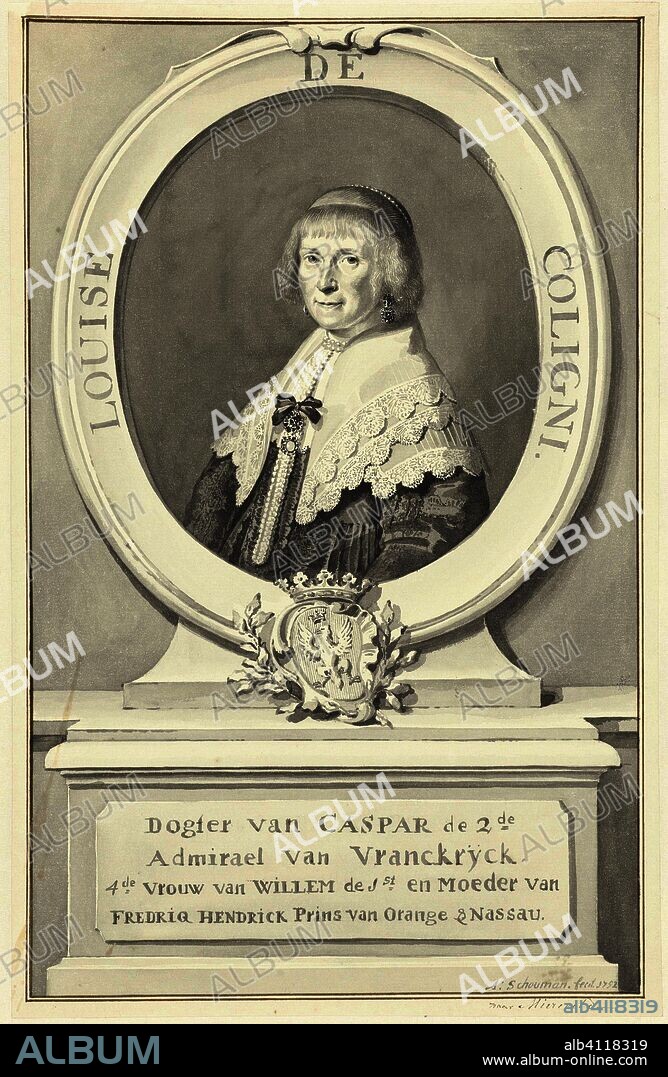 Portrait of Louise de Coligny, in oval cartouche, to the left. Draughtsman: Aert Schouman (mentioned on object). After Michiel Jansz van Mierevelt. Dating: 1752. Measurements: h 363 mm × w 233 mm.