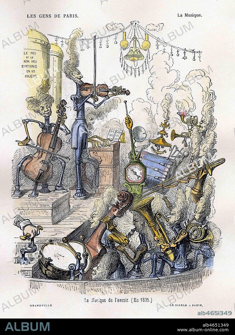 'Les gens de Paris - La Musique . La musique de l'avenir (en 1835). Concert a la vapeur. Caricature charge a propos de la musique romantique d'Hector BERLIOZ, publiee dans Un autre Monde de Taxile Delord et Grandville. Gravure mise en couleur par nos soins d'apres GRANDVILLE (1803-1847) pour le Diable a Paris. Credit : Collection Jonas/Kharbine-Tapabor.