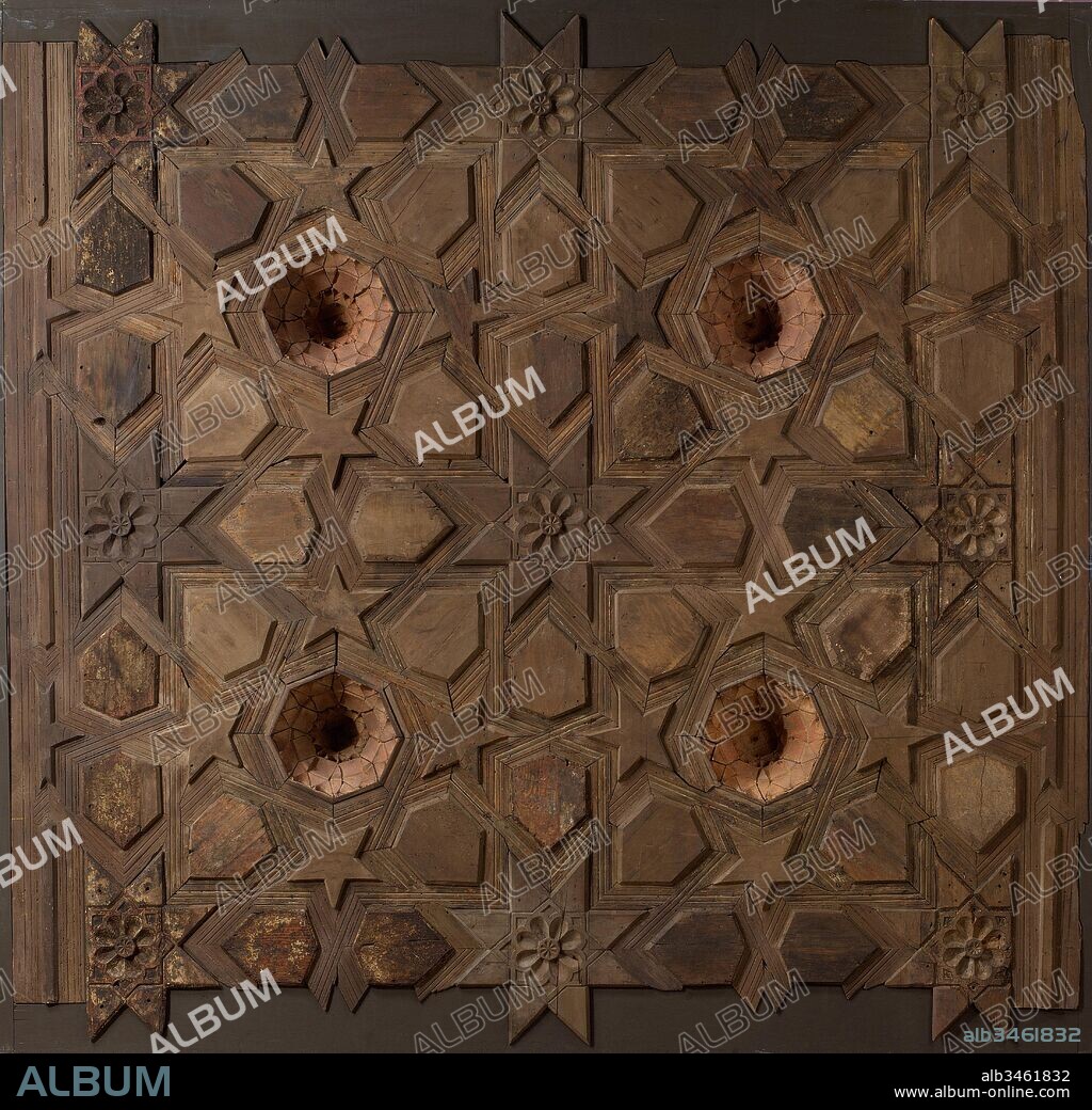 Panel from a Ceiling, 14th–15th century, Made in Spain, probably Granada, Wood; mortised, tenoned, mitered, rabbeted, and painted, H. 102 1/8 in. (259.4 cm), Wood, This wooden ceiling panel probably came from a palace or villa in Granada, originally part of a long ceiling covering a patio. The type, referred to in Spanish as artesonado, is well represented among the ceilings still in situ at the Alhambra—for example, the one that covers the porch of the Torre de las Damas.