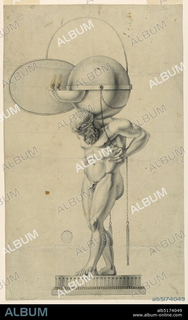Design for an Oil Lamp, Graphite, pen and ink, brush and watercolor on paper, A circular base with fluting. Atlas, a bearded nude male, carries the globe, the equator of which is surrounded by a band. To this band are fastened two bowls with flames. Suspended are chains from which hand screwdrivers., Italy, 18001850, lighting, Drawing, Drawing.