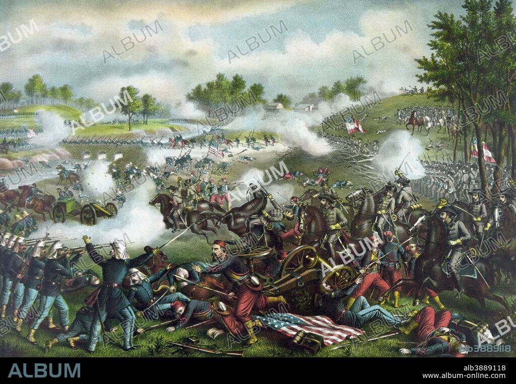 Vintage Civil War painting of Union and Confederate troops fighting at The Battle of Bull Run, also known as The Battle of Manassas.