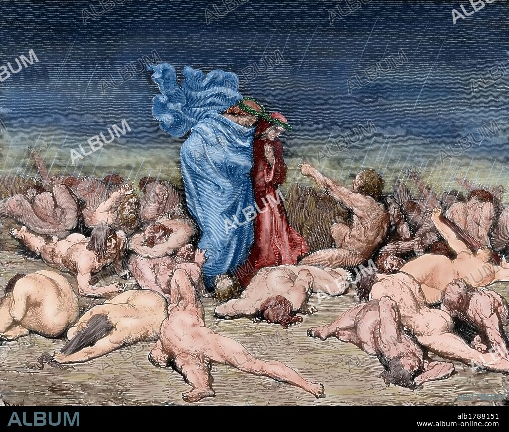 PAUL GUSTAVE DORÉ (basado en). "LA DIVINA COMEDIA". Poema escrito en toscano donde se relata el viaje de su auto. Dante encuentra a Ciacco en el infierno entre los golosos. Canto sexto. Grabado de Gustavo DORE. Coloreado.