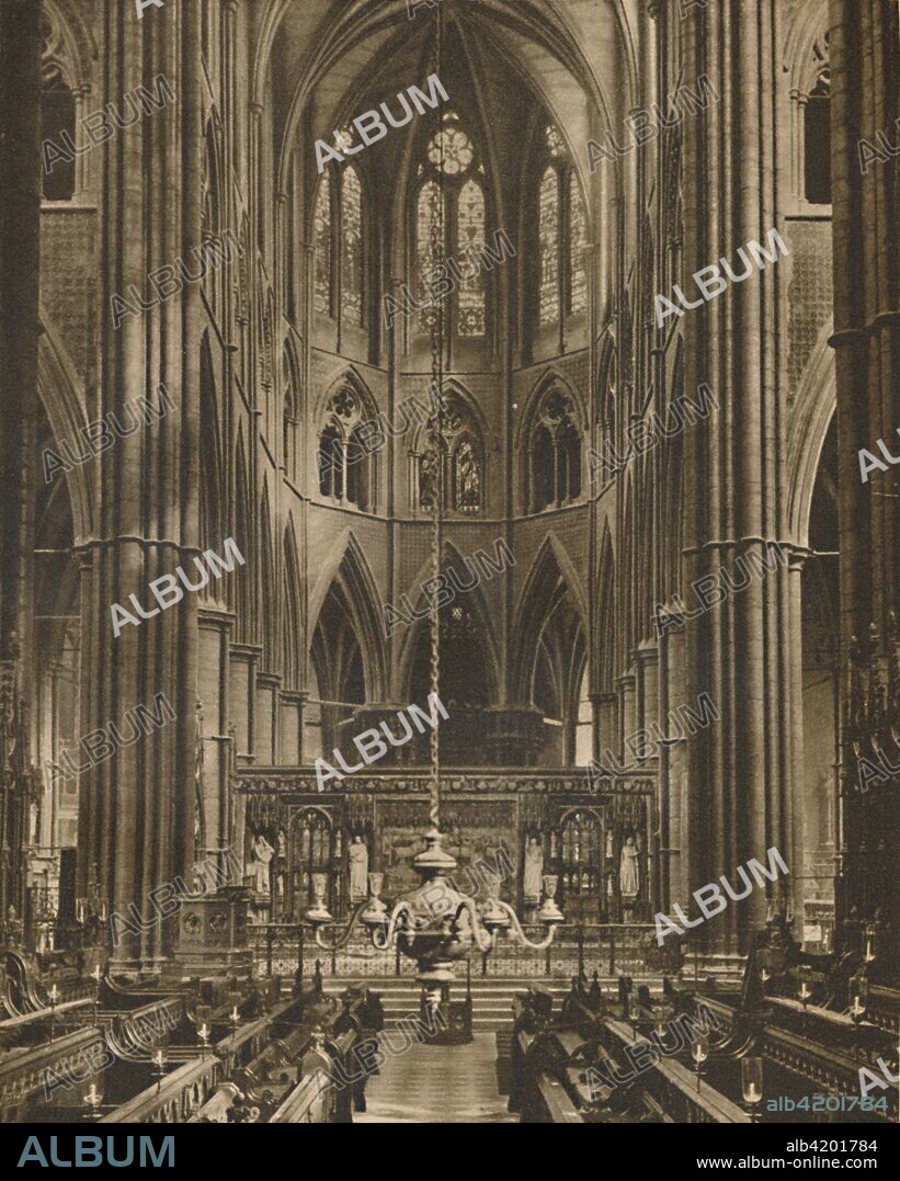 'The High Altar and Reredos Beyond The Choir of Westminster Abbey', c1935. Interior of Westminster Abbey in London, the medieval church traditionally used for royal weddings, coronations and funerals. From "Wonderful London, Volume 1", edited by Arthur St John Adcock. [The Fleetway House, London, c1935].