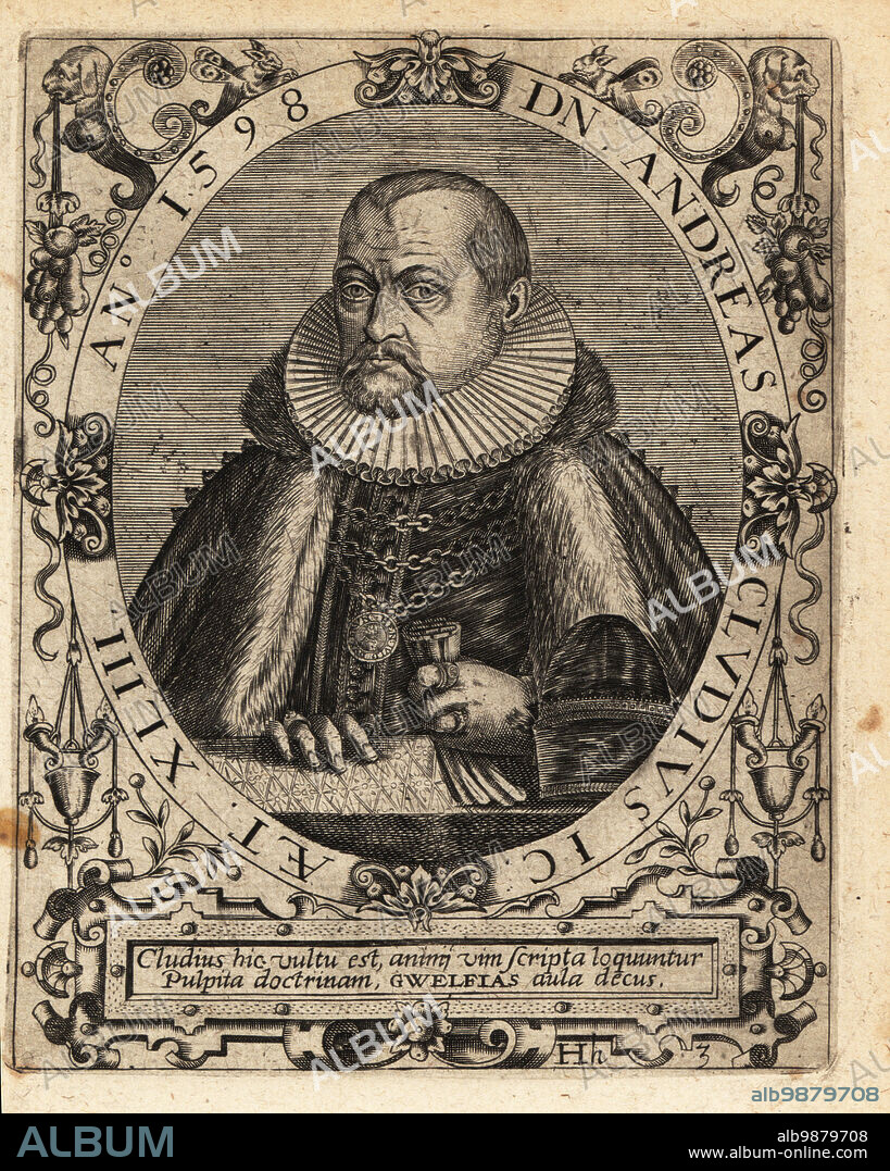 Andreas Cluten, German jurist, 1555-1624. DN Andreas Cludius Juris Consultus Anno 1598. Copperplate engraving by Johann Theodore de Bry from Jean-Jacques Boissards Bibliotheca Chalcographica, Johann Ammonius, Frankfurt, 1650.