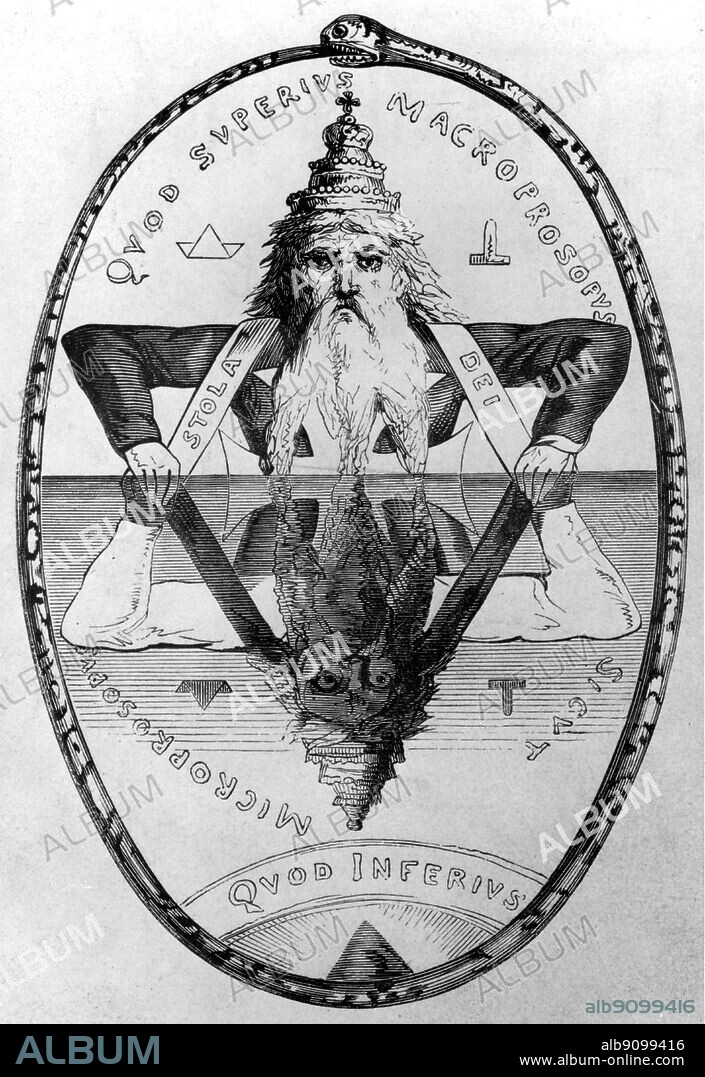 The Great Symbol of Solomon. The double triangle of Solomon, represented by the two Ancients of the kabbalah; the Macroprosopus and the Microprosopis, the God of Light and the god of reflections; mercy and vengeance; the White Jehovah and the Black Jehovah. Eliphas Levi: Dogme et Rituel de la Haute Magie 1861.