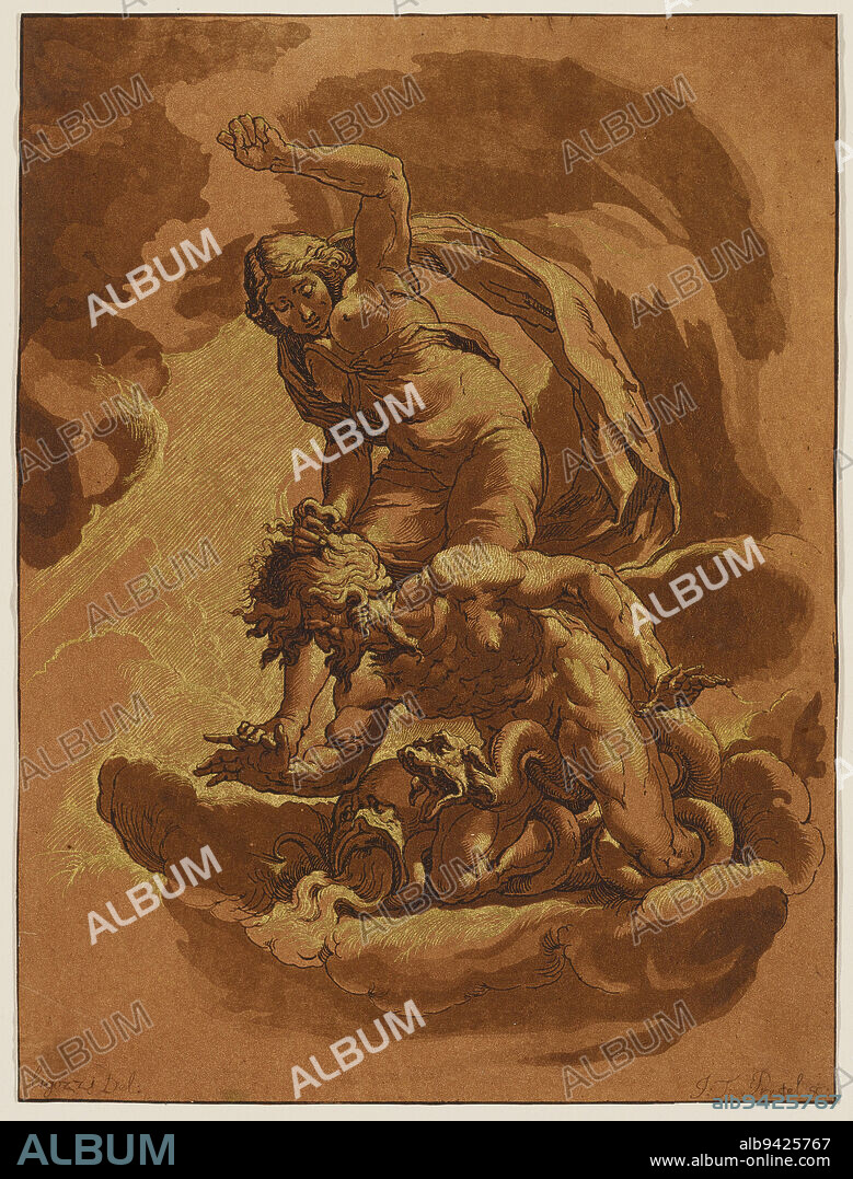 Triumph of Truth over Envy, 1780, Johann Gottlieb Prestel; Artist: or Maria Catharina Prestel; Artist: after Jacopo Ligozzi, Italian, (Florence), 1547 - 1627, 12 x 9 in. (30.48 x 22.86 cm) (plate), Etching and aquatint in brown ink, touched with gold leaf, Germany, 18th century.