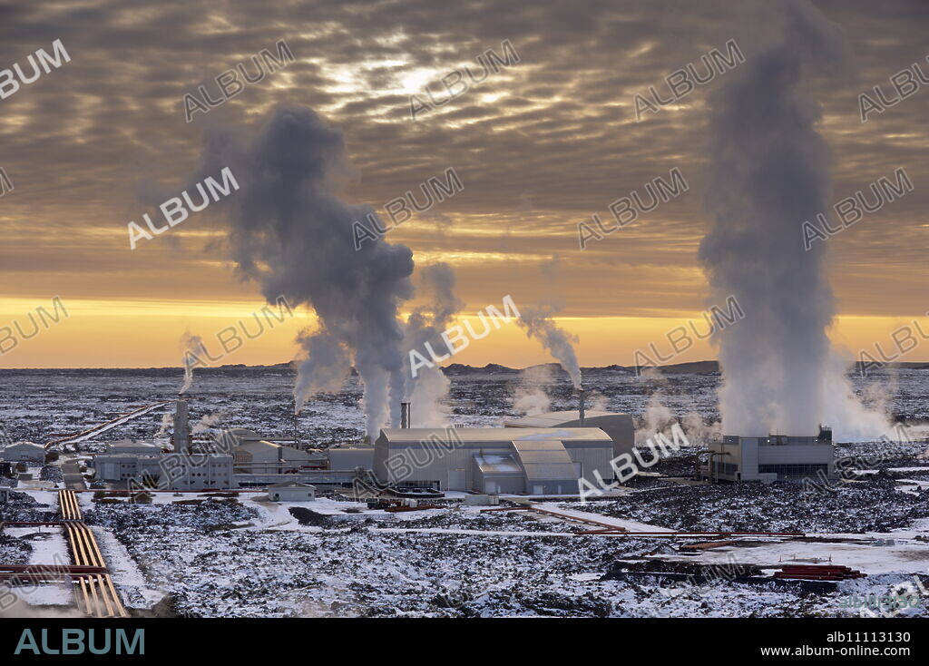 Svartsengi (Blue Lagoon) Geothermal Power Station at sunset, Grindavik, Reykjanes Peninsula, Iceland, Polar Regions.