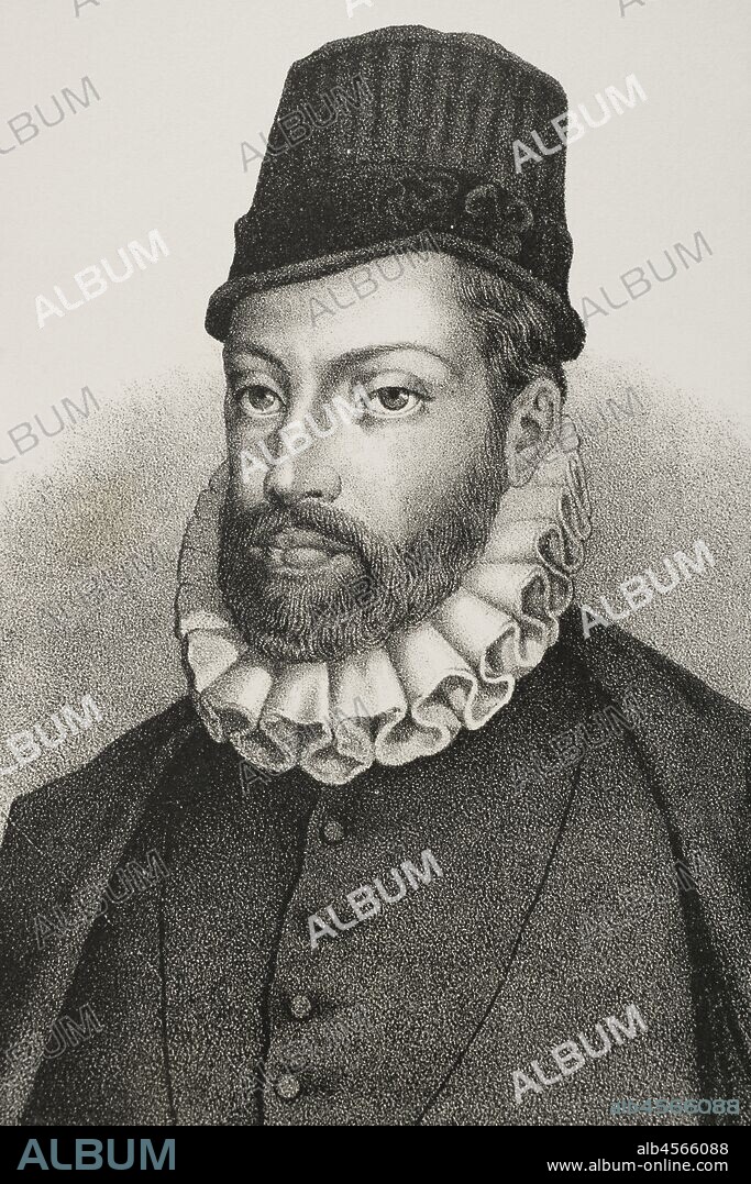 Felipe II (1527-1598). Rey de España (1556-1598), hijo de Carlos I y de la emperatriz Isabel. Dibujo por Salcedo. Detalle. Litografía. Crónica General de España. Historia Ilustrada y Descriptiva de sus Provincias. Aragón, 1866. Biblioteca Histórico Militar de Barcelona, Cataluña, España.
