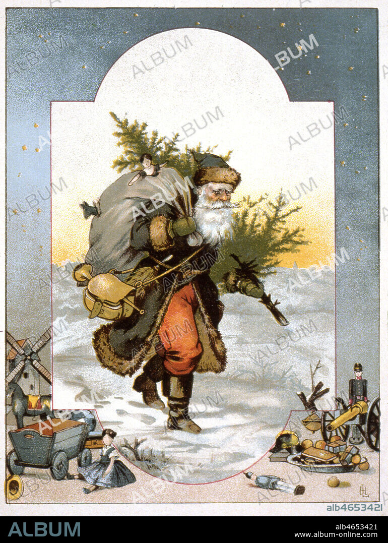 Un pere noel portant son sac et un sapin marche dans la neige. Chromolithographie fin 19eme siecle. Credit Collection Kharbine Tapabor.