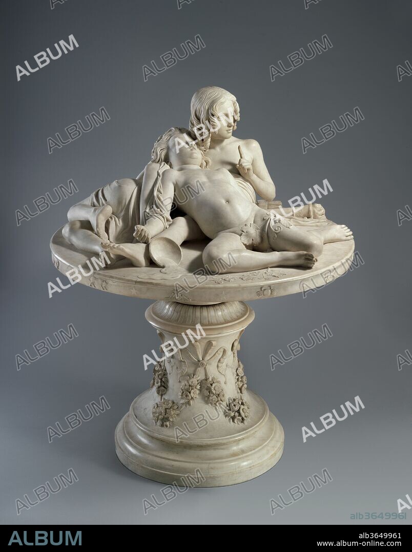 The Demidoff Table. Artist: Lorenzo Bartolini (Italian, 1777-1850). Culture: Italian, Florence. Dimensions: Overall (confirmed): H. 64 3/8 x W. 51 1/4 x Diam. 49 3/4 x in. (163.5 x 130.2 x 126.4 cm). Patron: Commissioned by Prince Anatole Demidov (1845-1870). Date: 1845.
Commissioned by Count Anatoly Nicolaevich Demidoff. The subject is a complex, cosmological allegory best described in the sculptor's own words: "Stretched out upon the plan of the world is Cupid, god of generation, sustaining and watching over the symbolic genius of dissolute wealth without virtue, who snores in his sleep . . . dreaming of past diversions in pleasure.  Left to himself, the genius of ambitious rectitude in work sleeps the agitated sleep of misfortune and glory. . . his head extending beyond the periphery of the world."
The original plaster is in the Gipsoteca Bartoliniana, Florence.