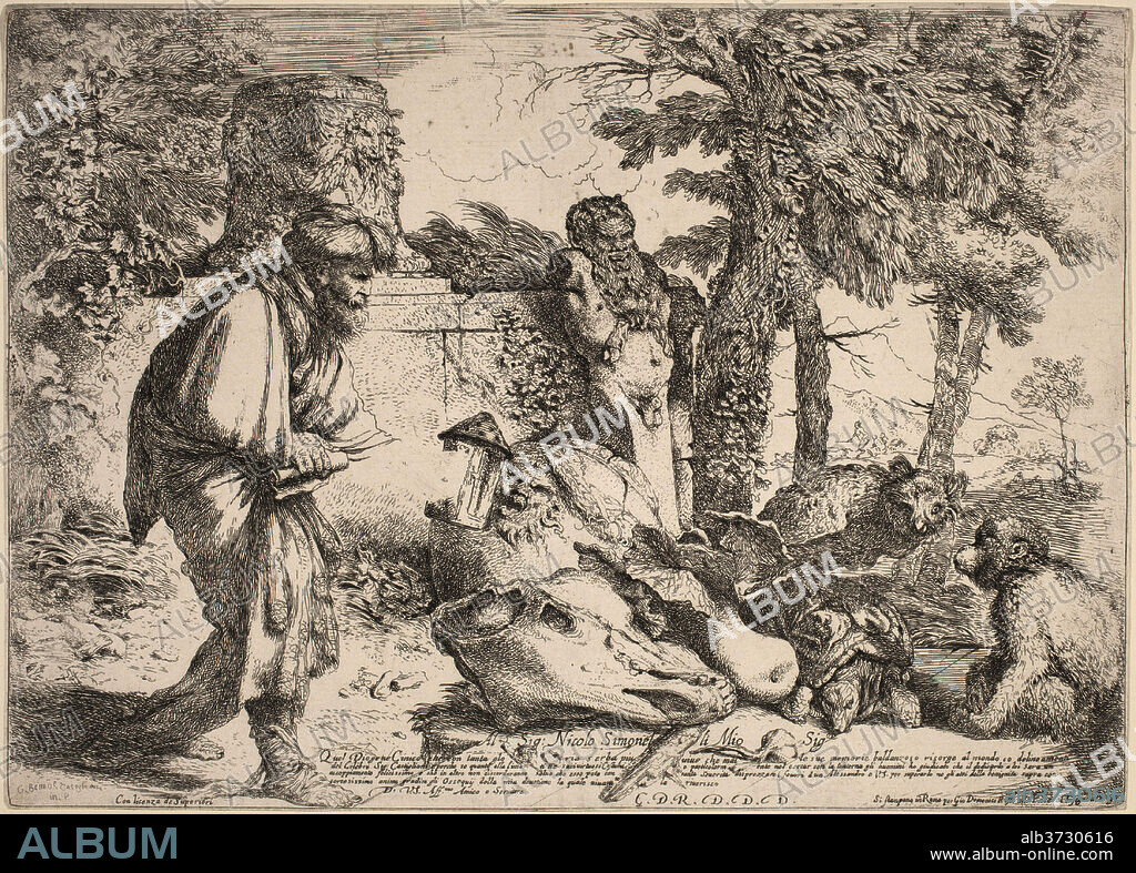 GIOVANNI BENEDETTO CASTIGLIONE. Diogenes Searching for an Honest Man. Dated: 1645/1647. Dimensions: sheet (trimmed to plate mark): 21.2 x 30.2 cm (8 3/8 x 11 7/8 in.). Medium: etching on laid paper.