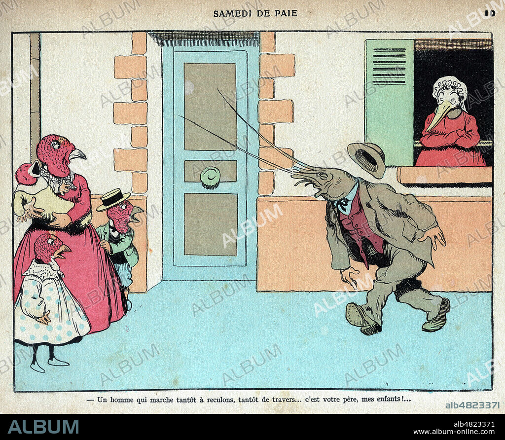 'Samedi de paie - Un homme qui marche tantot a reculos, tantot de travers... c'est votre pere, mes enfants'. Caricature sur un pere ecrevisse alcoolique face a sa famille de dindons. Illustration pour la Menagerie de Benjamin RABIER (1864-1939), ouvrage publie en 1922. Credit : IM/KHARBINE-TAPABOR.