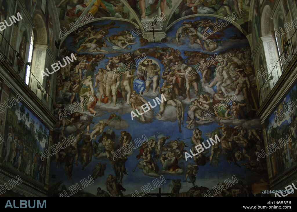 Michelangelo (Michelangelo Buonarroti) (1475-1564). Italian artist. The Last Judgement. Fresco. 1536-1541. Detail. Central part. Sistine Chapel. Vatican Museums. Vatican City.