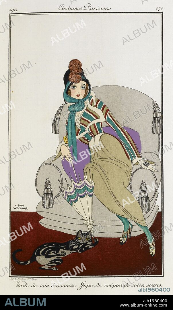 GERDA WEGENER. Veste de soie ecossaise. Costumes Parisiens no.73. Jupe de crepon de coton souris. Woman wearing Scottish silk jacket, crepe skirt and bonnet with a orange plume. Sitting on a cream armchair holding an umbrella. A pet cat at her feet. Journal des dames et des modes. [With coloured plates.]. Paris, 1914. Colour plates / Illustrations. Pochoir. Fashion. Source: P.P.5242.dc, volume IV, plate 170, after p.136. Language: French.
