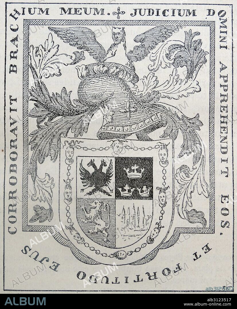 Coat of arms belonging to Hernando Cortes (1485 – 1547); Spanish Conquistador who led an expedition that caused the fall of the Aztec Empire and brought large portions of mainland Mexico under the rule of the King of Castile in the early 16th century.