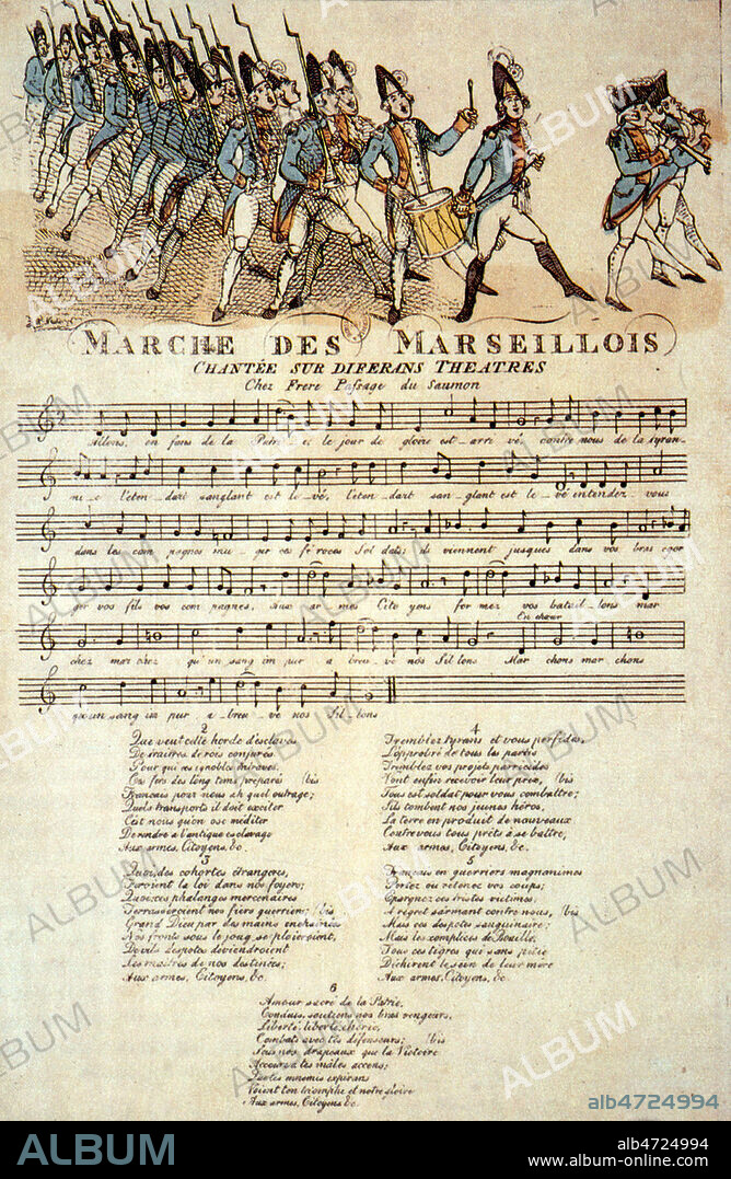 Premiere partition illustree de la Marseillaise. Marche des Marseillois. Illustration de Richard NEWTON, 18eme siecle, la partition de la chanson est editee a Londres le 10 novembre 1792. Rouget de Lisle ecrit "le chant de guerre pour l'armee du Rhin" en avril 1792, les federes de Marseille le chantent en arrivant a Paris en juillet, pour defendre la capitale menacee par les armees autrichienne et prussienne. Elle est ensuite chantee a Valmy (sept) et sur differents champs de bataille. Credit : Collection KHARBINE-TAPABOR.