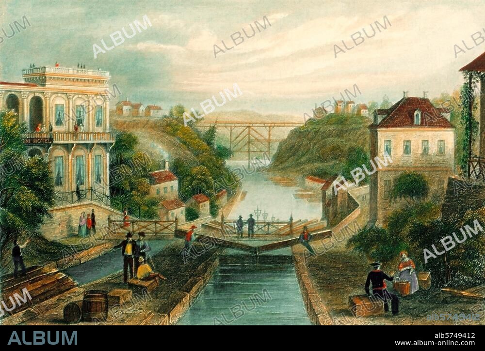 ANONYME. Canal Érié - Erie Canal (New York, États-Unis) (Canal entre Buffalo sur le Lac Érié et Albany sur l'Hudson; construit en 1817-25). "ERIE-CANAL, LOCKPORT". (Écluse à Lockport). Gravure sur acier, coloriée, vers 1850, New York (Hermann J. Meyer). Paris, coll. particulière.
