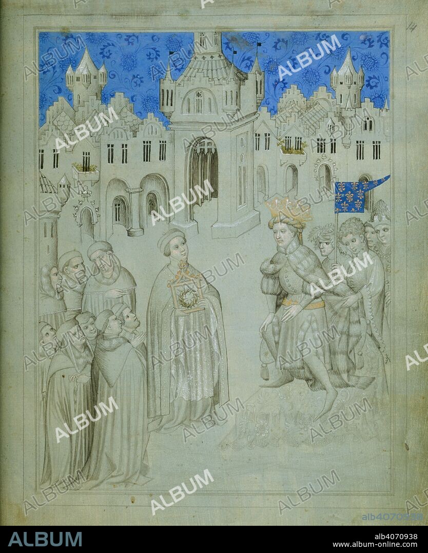 SIR JOHN MANDEVILLE and MASTER OF THE MANDEVILLE TRAVELS. Louis IX and the Crown of Thorns. Picture book of Sir John Mandeville's Travels. Bohemia; circa 1410. [Whole folio] Clergymen bring the Crown of Thorns in a tablet-shaped crystal reliquary to King Louis IX in Paris.The king is wearing an elaborate crown and costume, with fur coat gathered at the neck.There is a detailed architectural background, with entrance gate and fortified towers  Image taken from Picture book of Sir John Mandeville's Travels.  Originally published/produced in Bohemia; circa 1410. . Source: Add. 24189, f.14.
