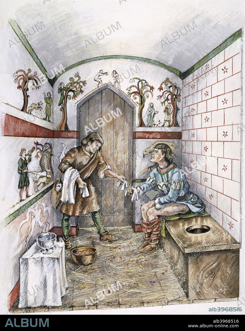 PETER DUNN. Medieval latrine, c1350, (c1990-2010). Old Sarum, Wiltshire. A latrine interior in c.1350.  Reconstruction drawing. Old Sarum, the earliest settlement of Salisbury in England. An Iron Age hillfort was erected around 400 BC. The Saxons took the British fort in the 6th century. The Normans constructed a motte and bailey castle in 11th century. ln the early 13th century, the buildings of Old Sarum were dismantled for stone and the old town dwindled.