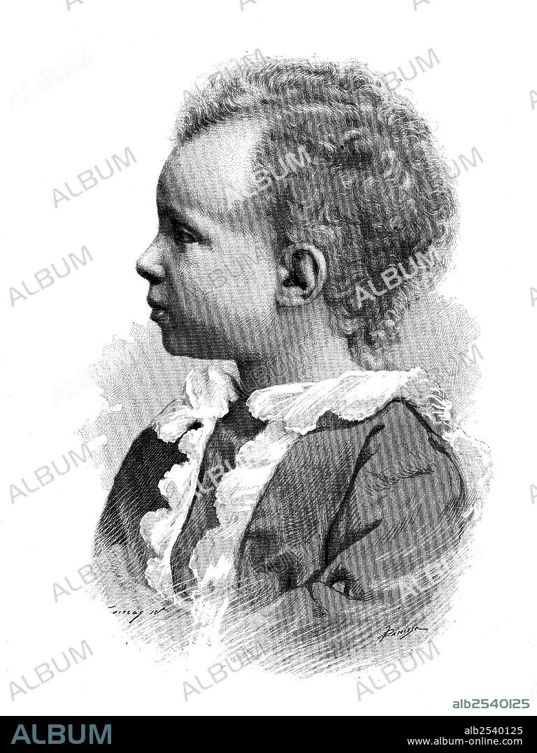 Alfonso XIII de Borbón y Habsburgo-Lorena, llamado el Africano (1886-1941), rey de España, a la edad de cuatro años. Grabado de 1890.