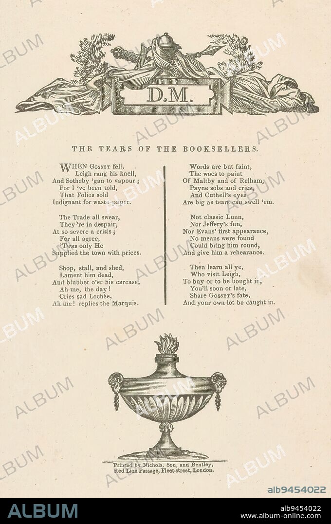Poem on the death of book collector Isaac Gosset, The Tears of the Booksellers (title on object), Above a vignette with the initials 'D.M.'; below an incense burner., print maker: anonymous, Stephen Weston, printer: John Nichols & Son, (mentioned on object), London, 1813 - 1819, paper, letterpress printing, height 222 mm × width 135 mm.