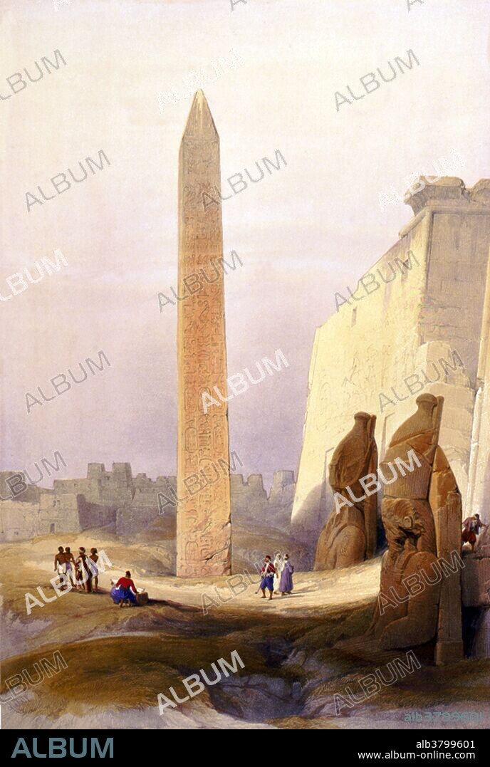 The Luxor Temple is a huge ancient Egyptian temple complex located on the east bank of the River Nile in the city today known as Luxor (ancient Thebes). Construction work on the temple began during the reign of Amenhotep III in the 14th century BC. Horemheb and Tutankhamun added columns, statues, and friezes. Akhenaten had earlier obliterated his father's cartouches and installed a shrine to the Aten, but the only major expansion effort took place under Rameses II some 100 years after the first stones were put in place. Luxor is thus unique among the main Egyptian temple complexes in having only two pharaohs leave their mark on its architectural structure. In Luxor there are six great temples, the four on the left bank are known as Goornah, Deir-el-Bahri, the Ramesseum, and Medinet Habu; and the two temples on the right bank are known as the Karnak and Luxor. The Luxor Temple was dedicated to the Theban Triad of the cult of the Royal Ka, Amun, Mut, and Khonsu and was built during the New Kingdom. David Roberts (October 24, 1796 - November 25, 1864) was a Scottish painter. He is especially known for a prolific series of detailed lithograph prints of Egypt and the Near East that he produced from sketches he made during long tours of the region (1838-1840).