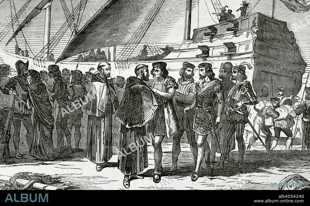 Cristóbal Colón (1451? -1506). Navegante, almirante, virrey y gobernador general de las Indias Occidentales al servicio de la Corona de Castilla. Descubridor de América. Colón se embarca en el Puerto de Palos de la Frontera, Andalucía el 3 de agosto de 1492 para descubrir América. Dibujo por Fernando Miranda, detalle. Grabado por Sierra. Crónica General de España, Historia Ilustrada y Descriptiva de sus Provincias. Andalucía, 1867. Biblioteca Histórico Militar de Barcelona, Cataluña, España.