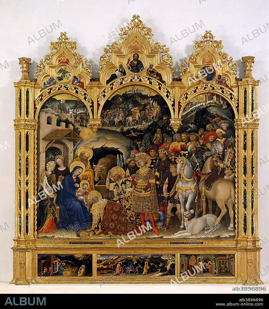 GENTILE DA FABRIANO. Adoration of the Magi. Date/Period: 1423. Painting / polyptych. Tempera on panel. Height: 301.5 cm (118.7 in); Width: 283 cm (111.4 in).
