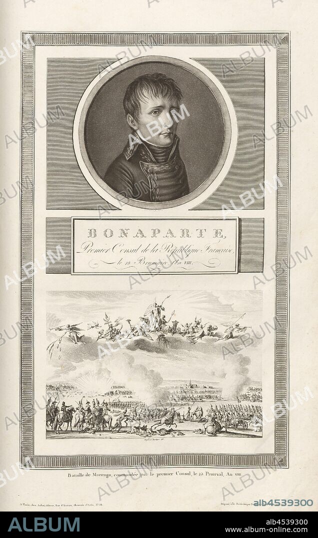 Bonaparte, Premier Consul de la République Française, le 18 Brumaire, An VIII et Bataille de Marengo, commandée par le premier Consul, le 25 Prairial, An VIII, Portrait of Napoleon Bonaparte and Battle of Marengo, signed: Duplessi-Bertaux del, Fig. 49, p. 9 (Constitution de la République), Duplessi Bertaux, Jean (del.), Collection complète des tableaux historiques de la Révolution française en trois volumes [...]. Bd. 3. A Paris: chez Auber, Editeur, et seul Propriétaire: de l'Imprimerie de Pierre Didot l'aîné, an XI de la République Francçaise M. DCCCII.