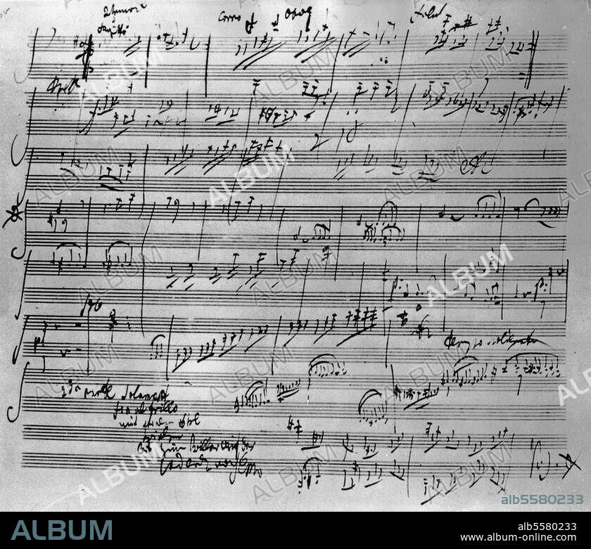 Beethoven, Ludwig van Composer, 1770-1827. Works: Fidelio (op. 72; FP 3rd vers. 1814). - Sketchbook by Beethoven from 1805, with sketches to Symphony No. 5 op. 67, to the Piano Concerto op. 58 and to the Gefangenenchor (prisoners' choir) from Fidelio "Oh welche Lust". Berlin, Staatsbibliothek Preußischer Kulturbesitz.