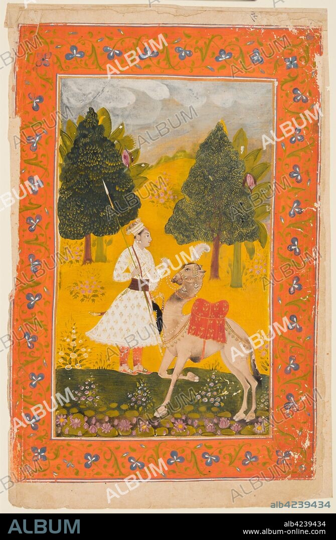 A Rajput Warrior with Camel, Possibly Maru Ragini from a Ragamala, 1650-80. Northwestern India, Rajasthan, Rajput Kingdom of Amber or Southwestern India, Deccan. Opaque watercolor, ink, and gold on paper; miniature: 26 x 17.6 cm (10 1/4 x 6 15/16 in.).