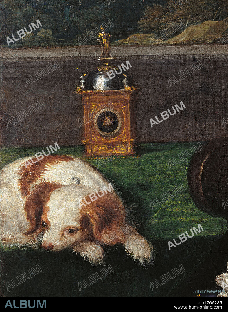 Portrait of Eleonora Gonzaga, by Tiziano Vecellio known as Titian, 1536-1538, 16th Century, oil on canvas, cm 114 x 103. Italy, Tuscany, Florence, Uffizi Gallery. Detail. Dog table clock green. Authorization required for non editorial use.