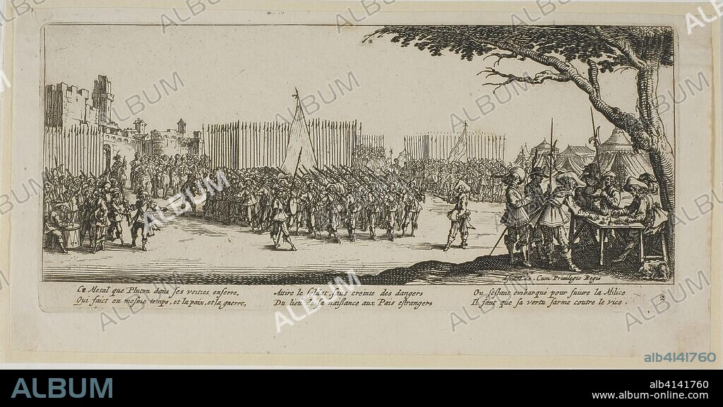 Recruitment of Troops, plate two from The Large Miseries of War. Gerrit Lucasz van Schagen (Dutch, born 1642); after Jacques Callot (French, 1592-1635). Date: 1612-1635. Dimensions: 75 x 182 mm (image); 84 x 184 mm (plate); 100 x 202 mm (sheet). Etching on paper. Origin: Netherlands.