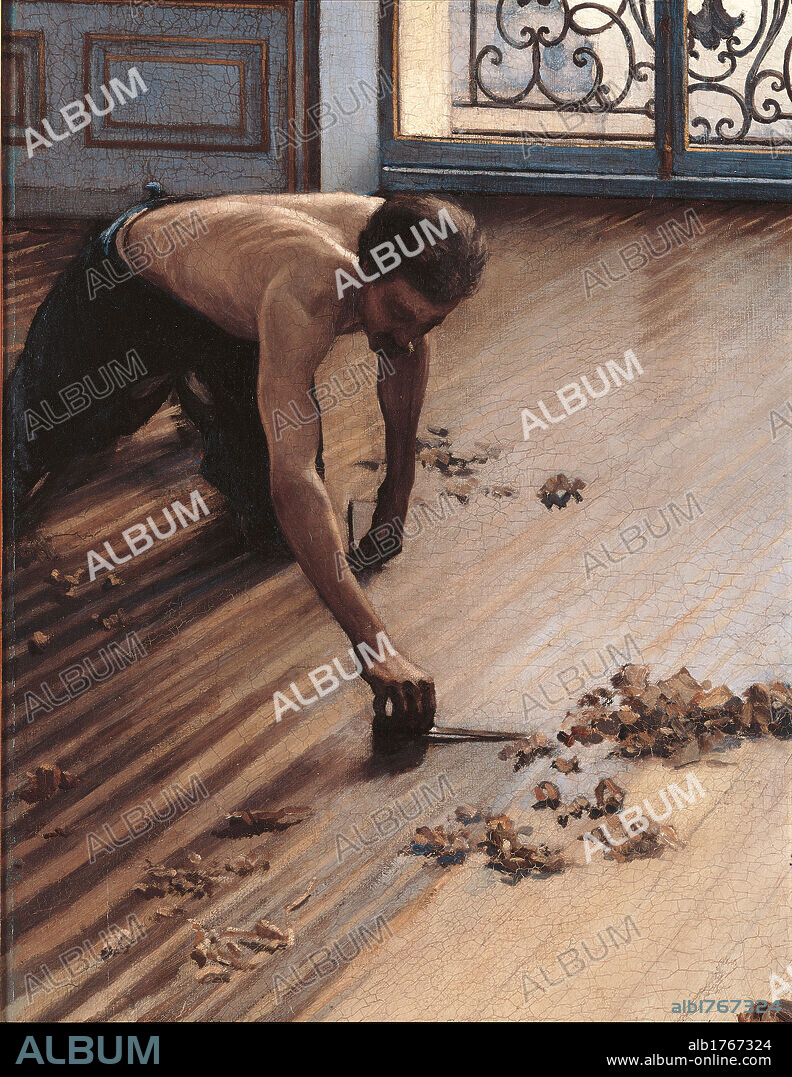 The Floor Planers, by Gustave Caillebotte, 1875, 19th Century, oil on canvas, cm 102 x 146,5. France, Ile de France, Paris, Muse dOrsay. Detail. Floor scrapers brown parquet floor room window naked torso young man.
