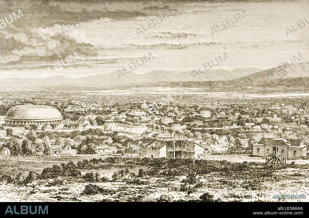 Overall view Salt Lake City, Utah, in 1870s. From American Pictures Drawn With Pen And Pencil by Rev Samuel Manning circa 1880.