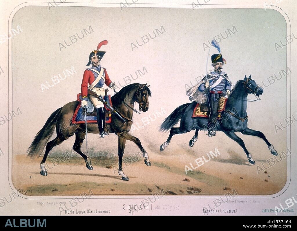 Reinado de Carlos IV (1788 a 1808). Regimientode Carabineros Maria Luisa y regimiento de Húsares Españoles. Dibujo de Villegas. Lámina número 33 del ALBUM DE LA CABALLERIA ESPAÑOLA del Teniente General Conde de Clonard. Litografía Militar, Madrid, año 1861.