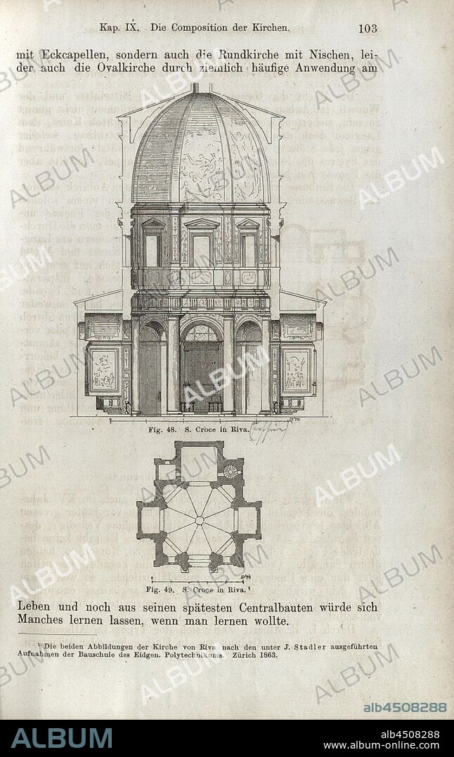 S. Croce in Riva, Cross-section and plan of the Santa Croce church in Riva San Vitale, Fig. 48, 49, p. 103, 1867, Jacob Burckhardt; Wilhelm Lübke: Geschichte der neueren Baukunst. Stuttgart: Verlag von Ebner & Seubert, 1867.