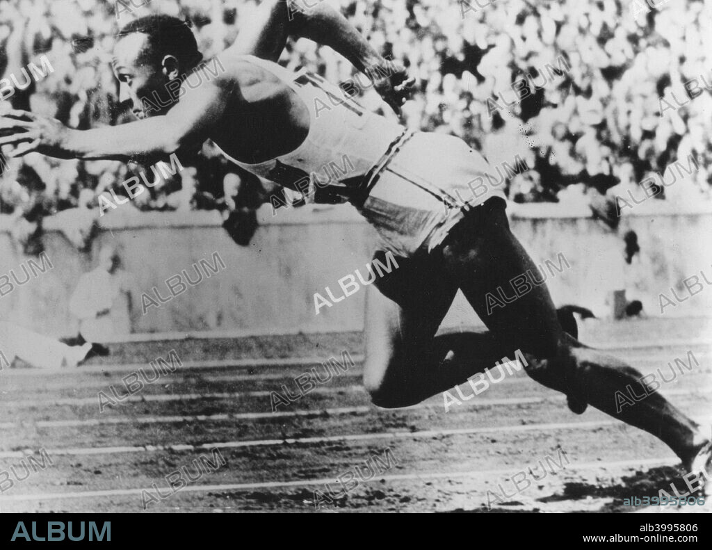 Jesse Owens, American athlete, competing in the Olympics in Berlin, Germany, 1936. Owens setting off on the way to one of his four gold medals at the 1936 games.